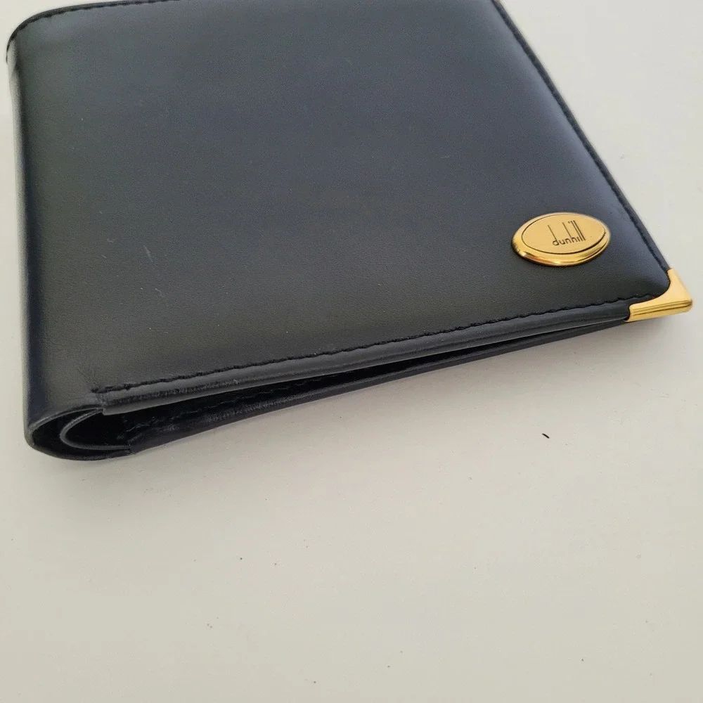 Dunhill London Mens Black Calf Leather Bifold Wallet Gold Hardware Coin Pocket